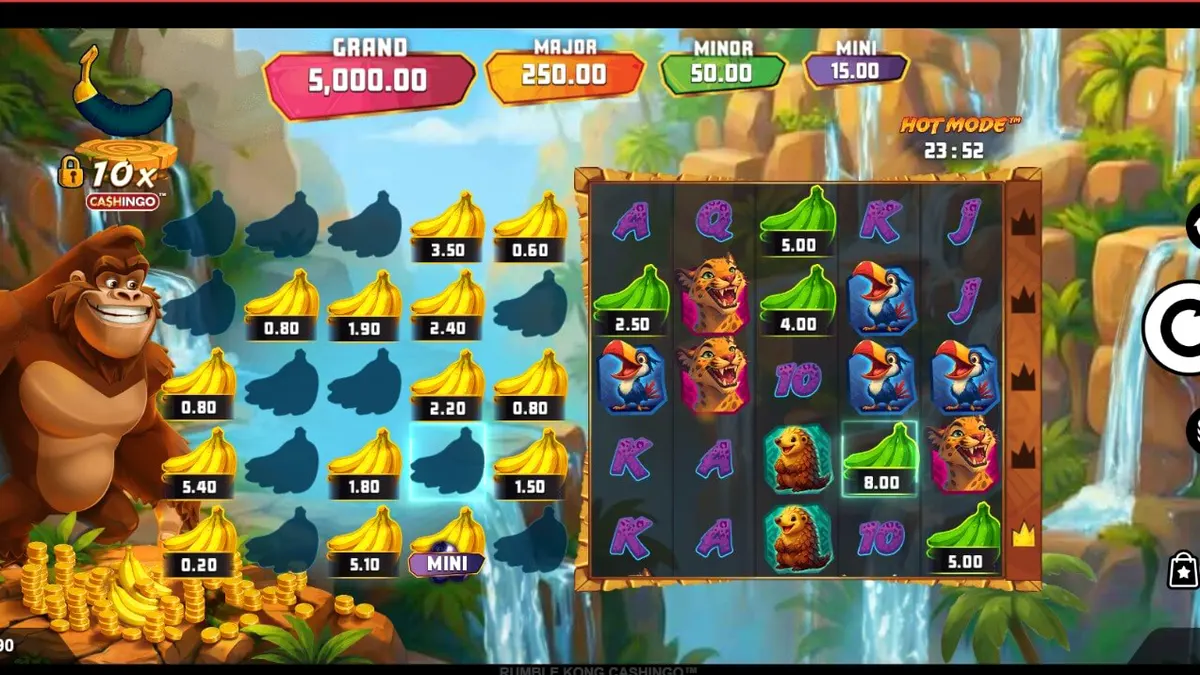 Pemandangan visual slot Rumble Kong Cashingo dengan tema gorilla di kota neon